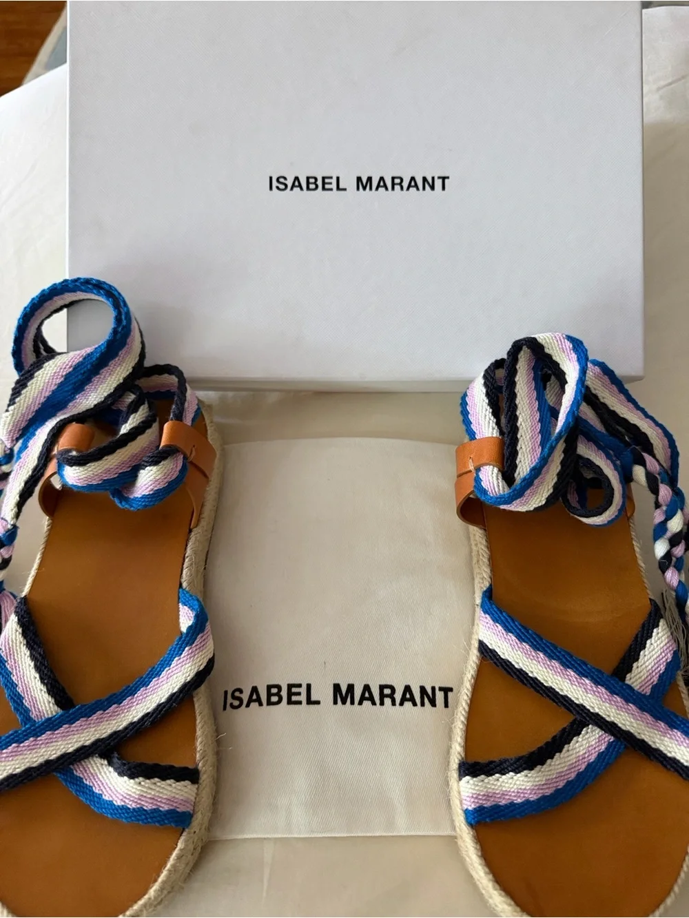 Isabel Marant Blue, Pink & White Striped Espadrille Wedge Sandals